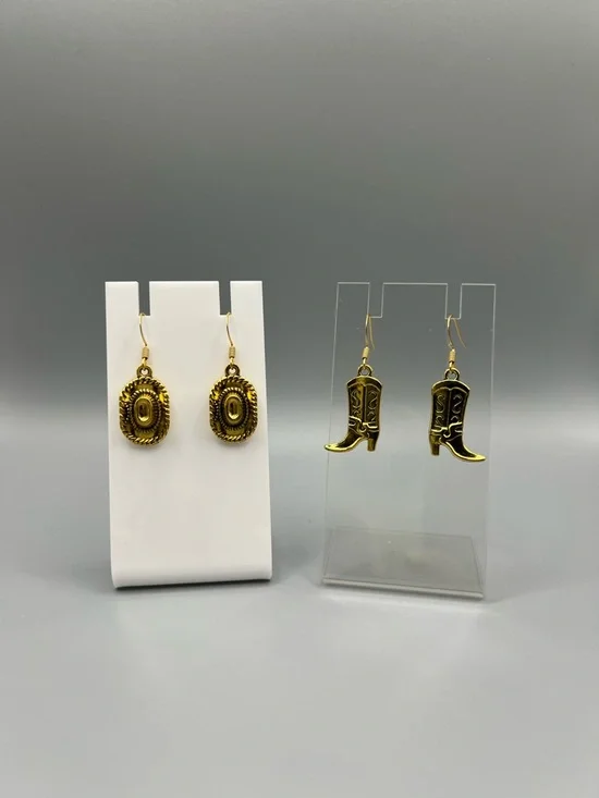 Gold Western Cowboy Boot and Hat Dangle Earrings - Handmade #E0155C - Picture 1 of 3